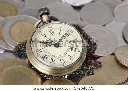 Financial concept, old watch with coins