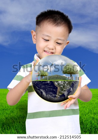 Little asia boy holding the earth, (Knowledge concept),  Earth globe image provided by NASA