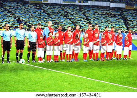 KIEV, UKRAINE - SEP 10: England national football team during the national anthem during the qualifying match 2014 World Cup, 10 September 2013, NSC Olympic Stadium, Kiev, Ukraine