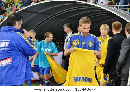 KIEV, UKRAINE - SEP 10: Football team of Ukraine during the qualifying match 2014 World Cup between Ukraine vs England, 10 September 2013, NSC Olympic Stadium, Kiev, Ukraine