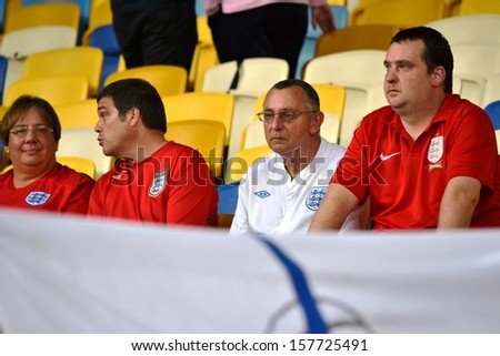 KIEV, UKRAINE - SEP 10: Fans of the England team in the stands before the qualifying match 2014 World Cup between Ukraine vs England, 10 September 2013, NSC Olympic Stadium, Kiev, Ukraine