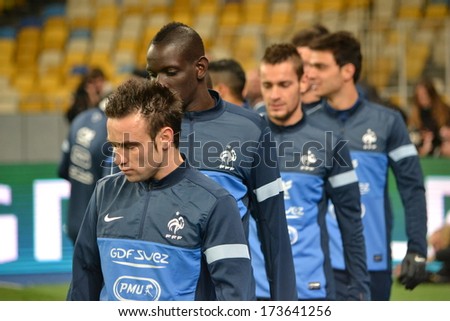 KIEV, UKRAINE - NOV 14: French team and Mathieu Valbuena (L) trains before the play-off match for the 2014 World Cup between Ukraine vs France, 14 November 2013, NSC Olympic Stadium, Kiev, Ukraine
