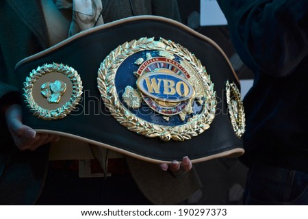 CHERKASSY, UKRAINE - DEC 15: Championship belt for the European title by the WBO, 15 December 2012, Cherkasy, Ukraine