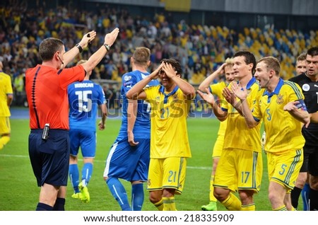 KIEV, UKRAINE - SEP 8: Football team of Ukraine arguing with the referee during the match Ukraine 0-1 Slovakia UEFA Euro 2016 qualifier match, 8 September 2014, Kiev, Ukraine