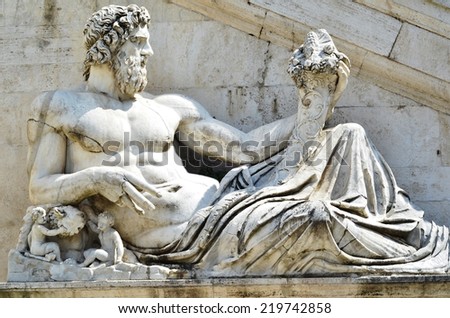 ROME - AUGUST 27, 2014: Roman Capitol Square. Sculptures work by Matteo di Castello. The Tiber river representation in Capitol Hill (Il Campidoglio), Rome, Italy