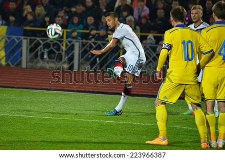 CHERKASSY, UKRAINE - OCT 10: Moritz Leitner takes the free-kick during a match of play off Ukraine U21 0-3 Germany U21, 10 October 2014, Cherkassy, Ukraine