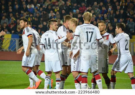 CHERKASSY, UKRAINE - OCT 10: Germany football team celebrate their victory over Ukraine, Ukraine U21 0-3 Germany U21, 10 October 2014, Cherkassy, Ukraine