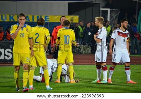 CHERKASSY, UKRAINE - OCT 10: Players argue with the referee during the play-off match UEFA Euro 2015 Ukraine U21 0-3 Germany U21, 10 October 2014, Cherkassy, Ukraine