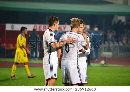 CHERKASSY, UKRAINE - OCT 10: Germany\'s football team celebrate the victory during the play-off match UEFA Euro 2015 Ukraine U21 0-3 Germany U21, 10 October 2014, Cherkassy, Ukraine