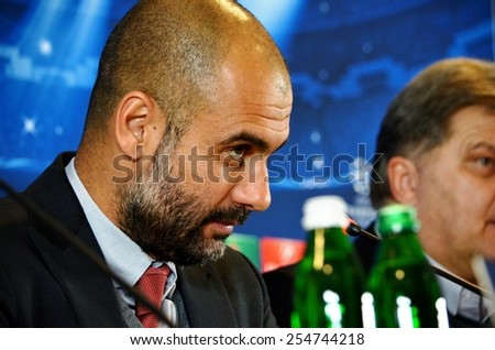 LVIV, UKRAINE - FEB 16: Head coach of FC Bayern Munich Pep Guardiola at a press conference before the Champions League match between Shakhtar vs Bayern, 16 February 2015, Arena Lviv, Lviv, Ukraine
