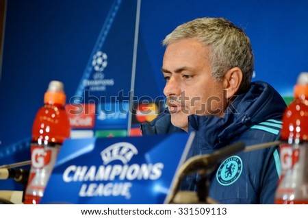 KIEV, UKRAINE - OCT 20: Head coach of Chelsea manager Jose Mourinho at a press conference during the UEFA Champions League match between Dinamo Kiev vs Chelsea, 20 October 2015, Olympic NSC, Ukraine
