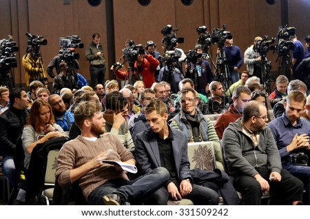KIEV, UKRAINE - OCT 20: Full room with journalists and photographers at a press conference before the UEFA Champions League match between Dinamo Kiev vs Chelsea, 20 October 2015, Olympic NSC, Ukraine