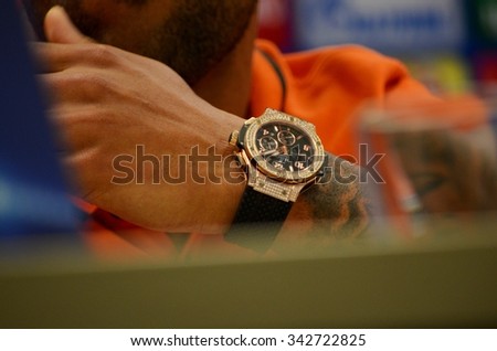 LVIV, UKRAINE - SEP 30: Alex Teixeira in a press conference and his watch on his arm before the UEFA Champions League match between Shakhtar vs PSG, 30 September 2015, Arena Lviv, Ukraine