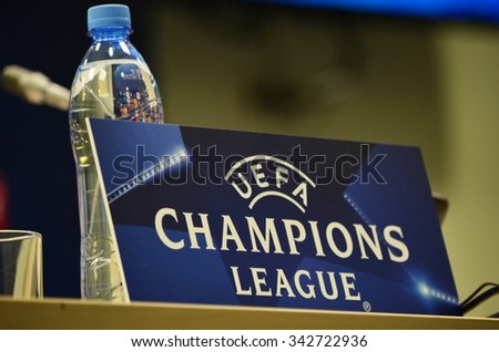 LVIV, UKRAINE - SEP 30: Signboard Champions League in a press conference before the UEFA Champions League match between Shakhtar vs PSG, 30 September 2015, Arena Lviv, Ukraine