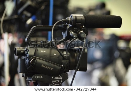 LVIV, UKRAINE - SEP 30: Reporters and TV cameras in the hall of the press conference before the UEFA Champions League match between Shakhtar vs PSG, 30 September 2015, Arena Lviv, Ukraine