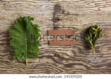 kale equals kale chip on weathered wood