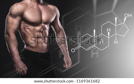 Muscular male body and testosterone hormone formula. Concept of a strength workout and anabolic steroids usage.