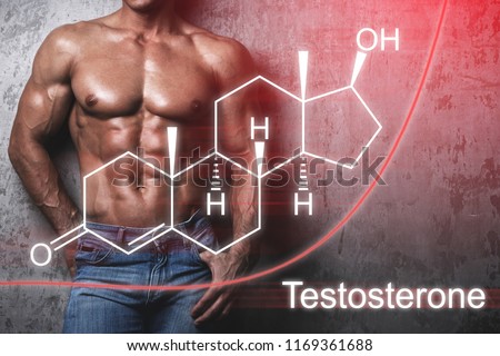 Muscular male body and testosterone hormone formula. Concept of a strength workout and anabolic steroids usage.