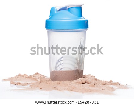 Shaker and protein powder on white background