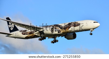 AUCKLAND - APR 13:Air New Zealand 777 plane landing in Auckland International Airport on APR 13 2015. 3 times winner of the best airline in the world.
