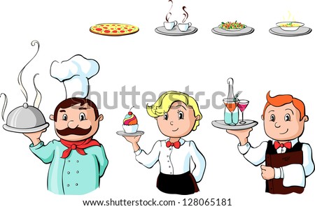 Group of chef , a waitress and a waiter