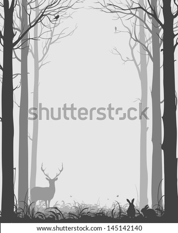 Natural Background With Silhouettes Of Trees, Grass, Animals, Birds And Insects, Frame, Light Colors, Vector Illustration