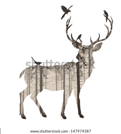 silhouette of a deer with pine forest and birds browns white background vector illustration silhouette of a deer with pine forest and birds browns white background vector illustration