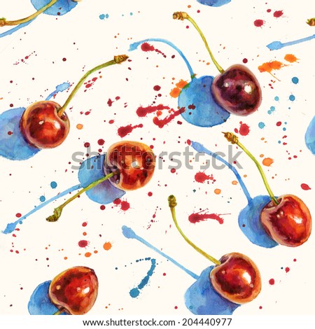watercolor seamless texture with ripe cherries and splashes of paint