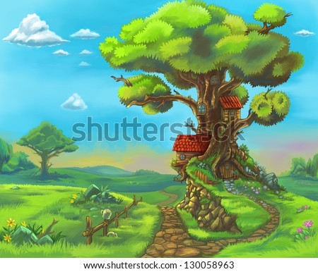 Fairytale Forrest Wood Children Story Illustration. Big Tree With Many Branches, Blue Sky, Sunny Weather, Sprig, Summer Season. Nature Landscape.