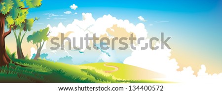Nature Landscape Vector Fairytale Children Illustration / Blue Sky, Nice Weather, Summer, Spring Season, Warm, Sun Is Shining, Green Leaves, White Clouds, Sunset, Dawn / Text Background