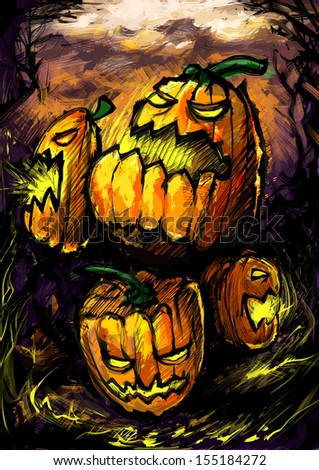 Halloween Pumpkin, Jack o Lantern, pumpkin patch, Trick or Treat, Scary Spooky Halloween illustration, Happy Holidays, Children illustration Postcard