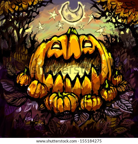 Halloween Pumpkin, Jack o Lantern, pumpkin patch, Trick or Treat, Scary Spooky Halloween illustration, Happy Holidays, Children illustration Postcard