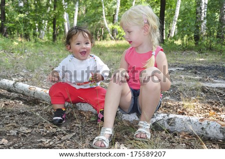 Summer in the woods sitting on birch log two funny little sister