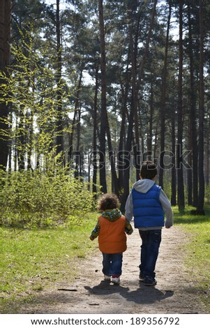 Brother and little sister are on the road in the woods and hold hands bright sunny day of spring.