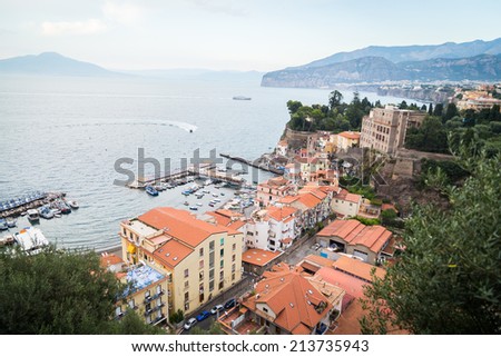 Views of the beautiful bay of the sea town. Picturesque coast beach resort. Sea, resort, town, vacation. Use for postcards, backgrounds.