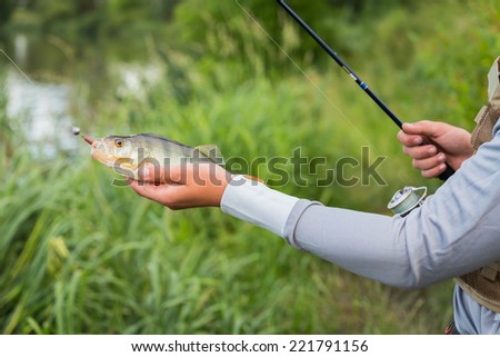 Fisherman holding a large perch.Man fisherman catches a fish. Fisherman in his hand holding spinning. Fishing, spinning reel, fish, Breg rivers. - The concept of rural getaway. Article about fishing.