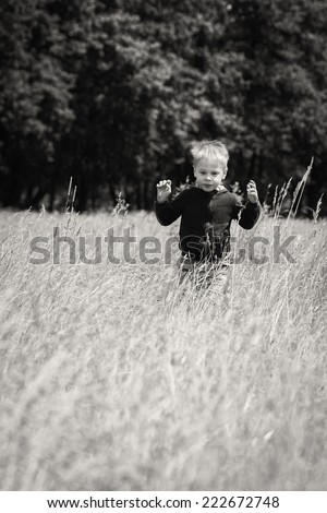 Little boy in a field.. Kid playing, running in nature. A child plays, field, grass, happiness, childhood. - The idea of a carefree childhood. Article about children games.