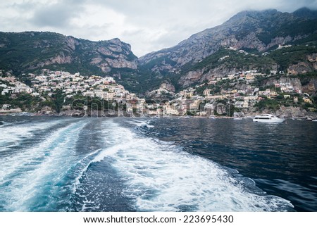 A beautiful landscape. Overlooking the beautiful seaside town in the Mediterranean. Houses, blue sea, day.view from the sea Use for cards and backgrounds on coastal towns.