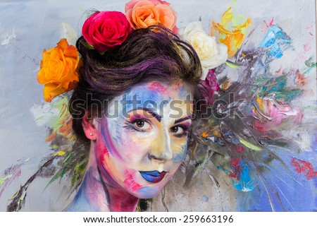 The creative, bright, color makeup. Floral makeup. Art makeup.