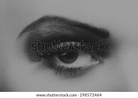 Beautiful female eye. Gorgeous eye makeup. Makeup in the style of the 20s. Work makeup artist