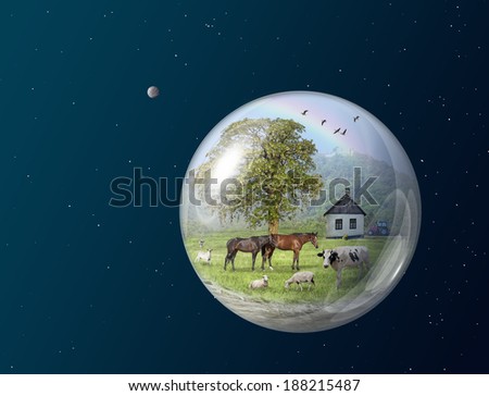 Abstract Earth farm in space with domestic animals