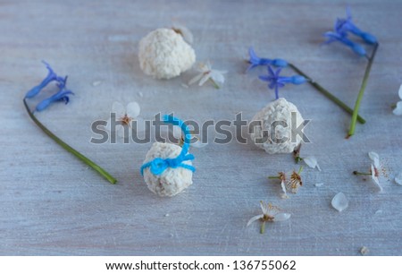 round candies in coconut chips and blue flowers on a light background