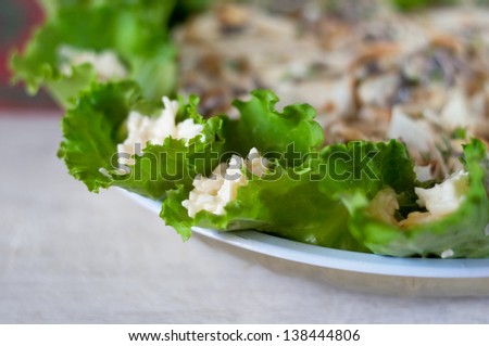 dish - rolls with leaf lettuce and processed cheese
