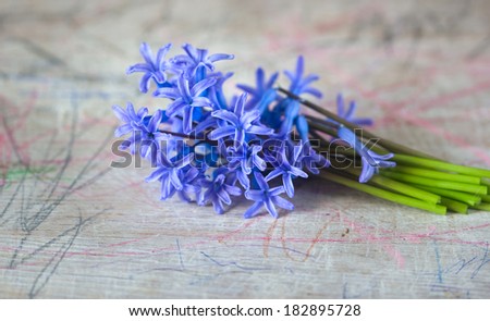 bouquet of blue spring flowers on a painted board pencils
