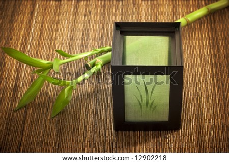 Bamboo plant and candle-holder on a bamboo mat