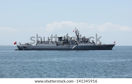 IZMIR, TURKEY - MAY 25: Turkish military ship standing in the Aegean sea on May 25, 2013 in Izmir bay