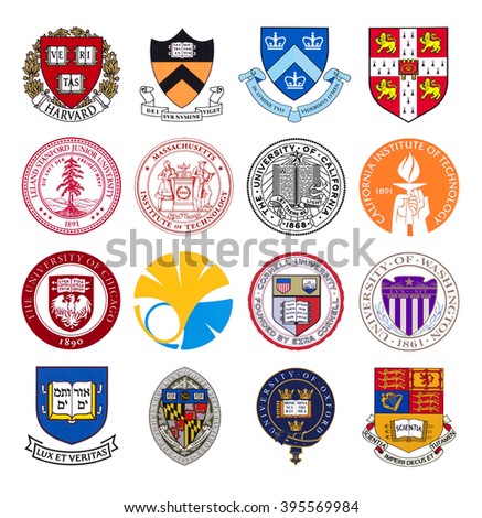 Kiev, Ukraine - March 23, 2016: Set logos of top world universities and institutes printed on paper and placed on the white background.