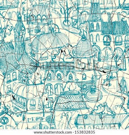 Seamless drawing of old town on a shattered background
