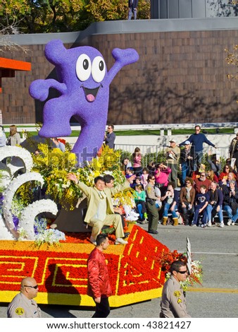 PASADENA, CA - JANUARY 1: The Round-table of Southern CA/Shanghai World Expo. float featuring celebrity Jackie Chan participated in the Rose Bowl Parade on January 1, 2010 in Pasadena, California.