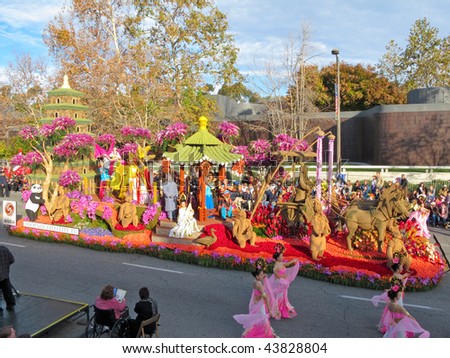 PASADENA, CA - JANUARY 1: Bringing Chinese history to life, spectators view the Terra Cotta Warriors on the Phoenix TV float, in The Rose Bowl Parade on January 1, 2010 in Pasadena, California.